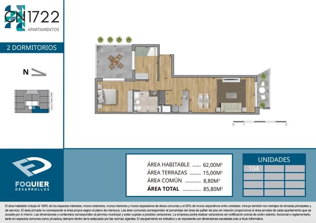 Venta de apartamento de 2 dormitorios al frente en CN 1722,