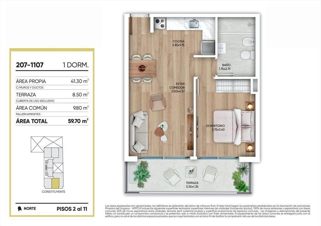 VENTA APARTAMENTO 1 DORMITORIO EN CORDON