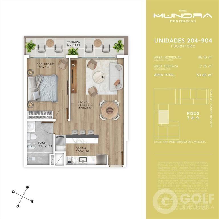 Venta apartamento de 1 dormitorio con terraza en Cordón