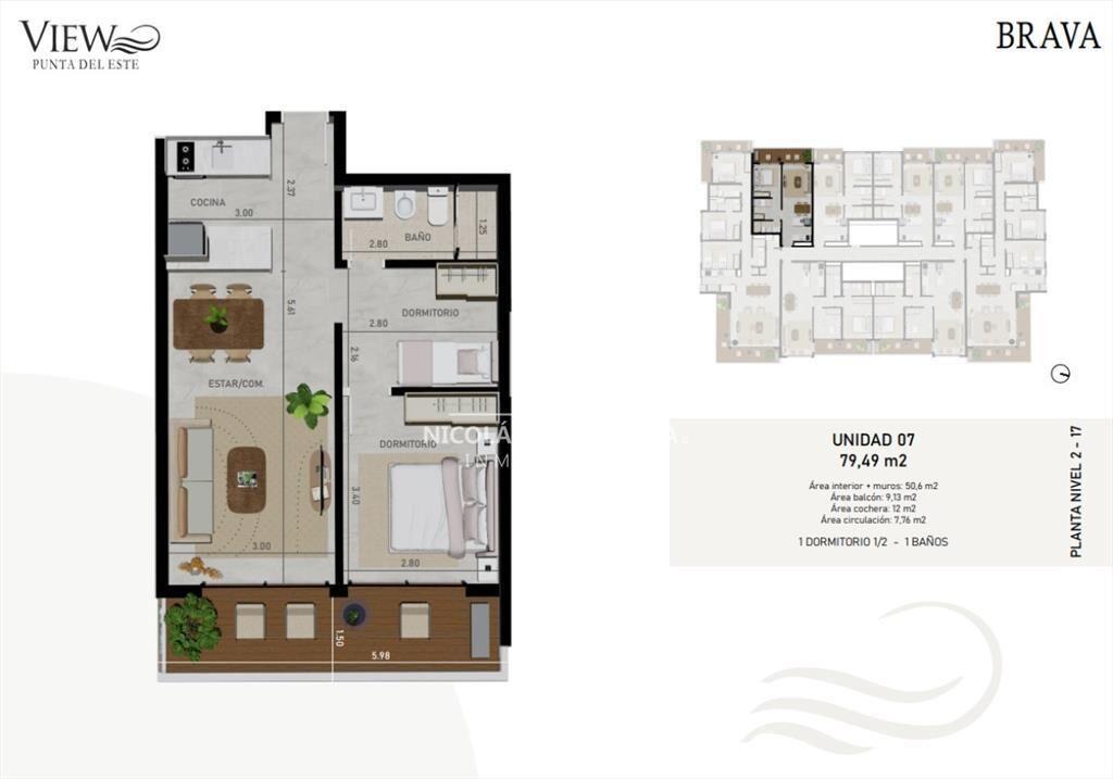 Departamento de 1 dormitorio y medio, piso alto.