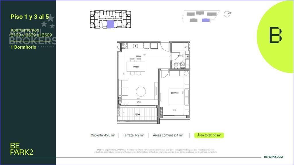 Apartamento de un dormitorio en venta en Parque Rivera - B5