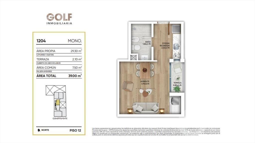 Venta de monoambiente con terraza en Cordón