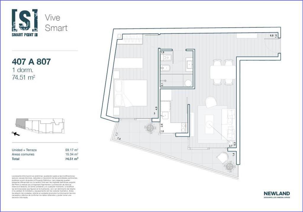 Apartamento de un dormitorio en venta en  Tres Cruces - 807