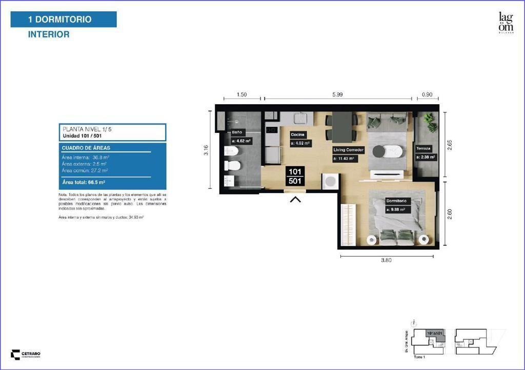 Apartamento  de un dormitorio en venta en Tres Cruces - 201