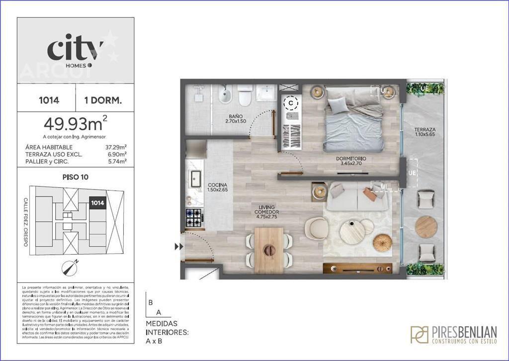 Apartamento de un dormitorio en venta en Cordón - 1014