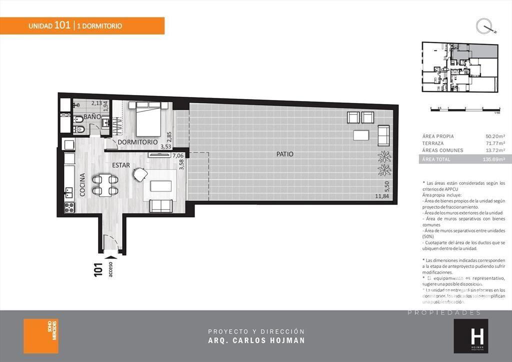 Alquiler apartamento 1 dormitorio con patio a estrenar