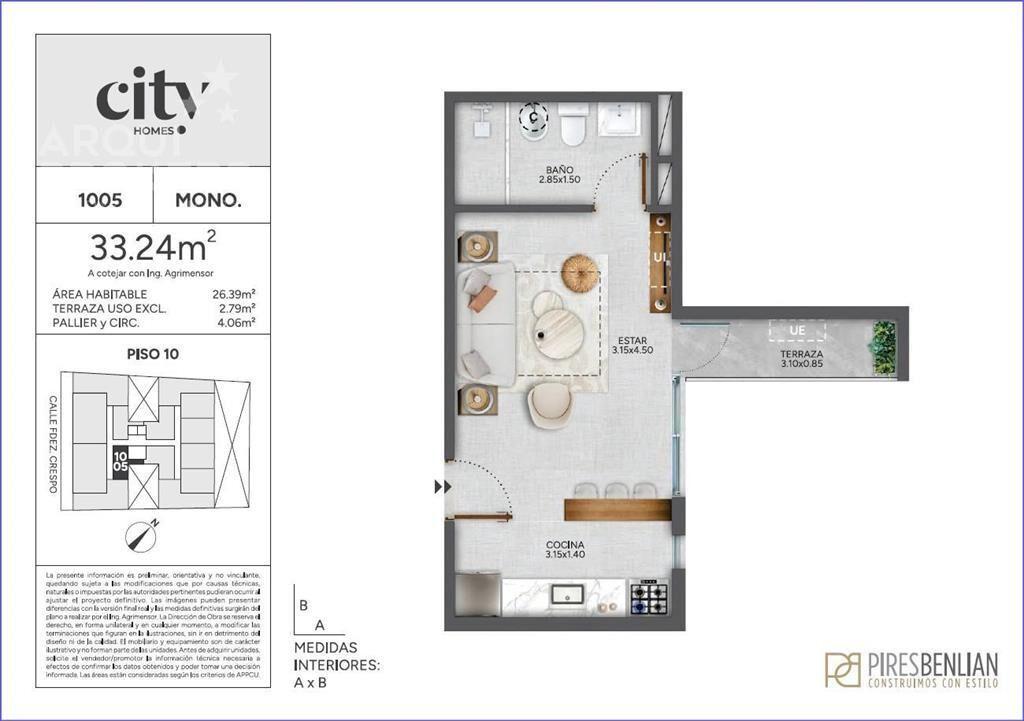 Apartamento de un dormitorio en venta en Cordón - 1005