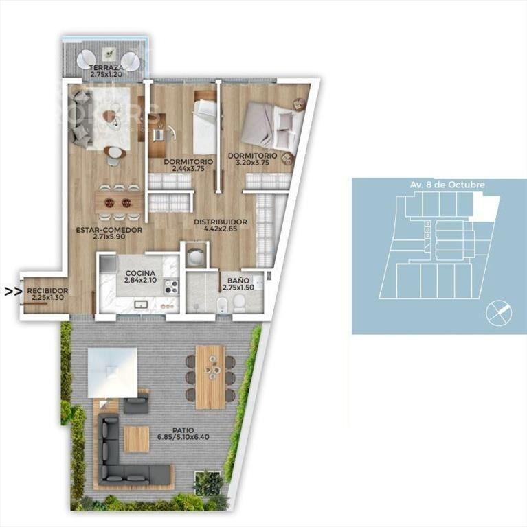 Apartamento de dos dormitorios en venta con renta en La Bla