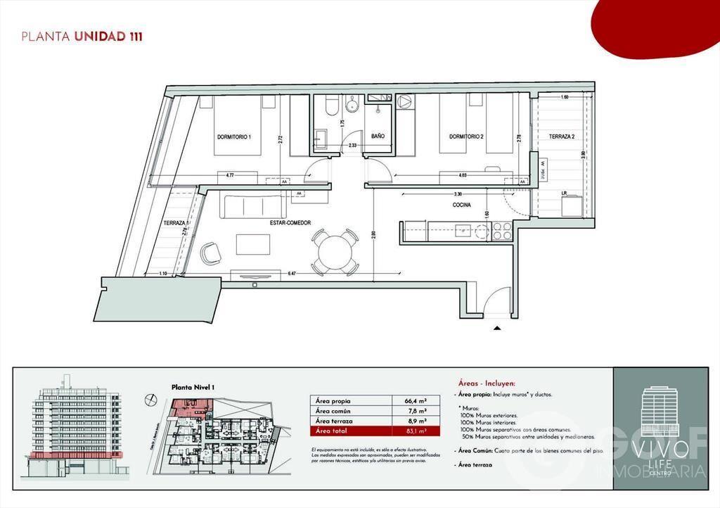 Venta de apartamento de dos dormitorios con terraza- Centro