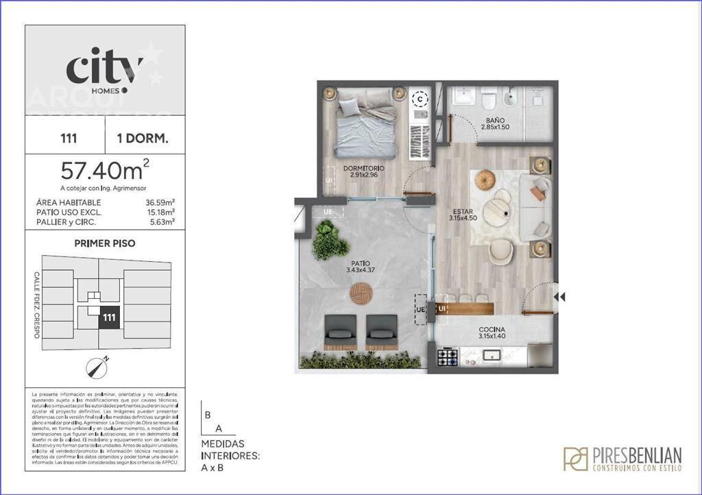 Apartamento de un dormitorio con patio en venta en Cordón -