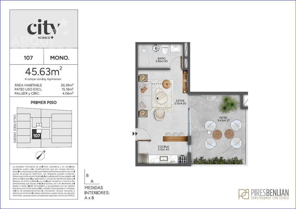 Apartamento de un dormitorio con patio en venta en Cordón -