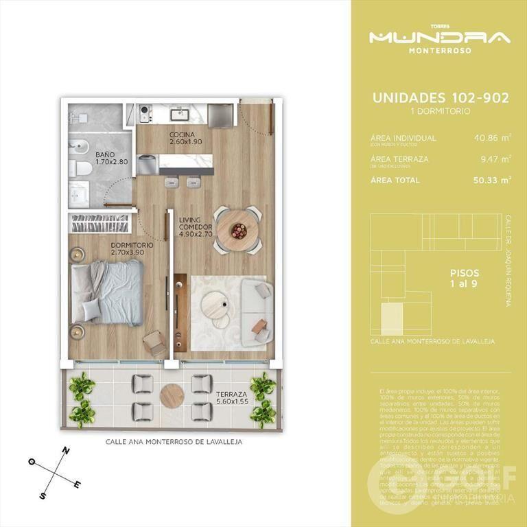 Venta apartamento 1 dormitorio con Terraza en Cordón