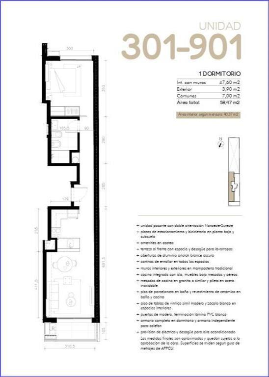 Apartamento de un dormitorio en venta en Cordón Sur - 901