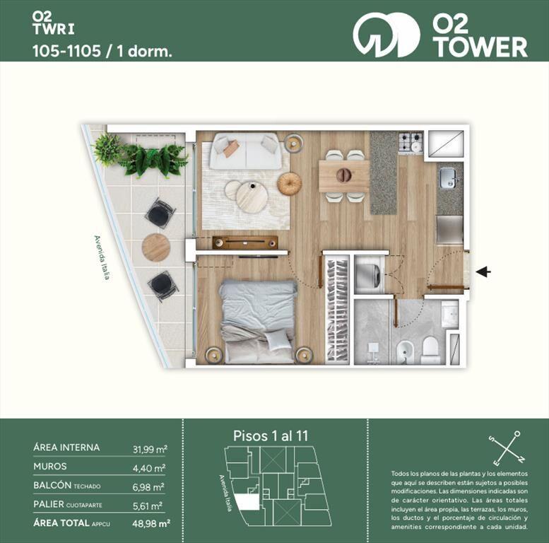 Venta de Apartamento con 1 dormitorio con terraza en Parque