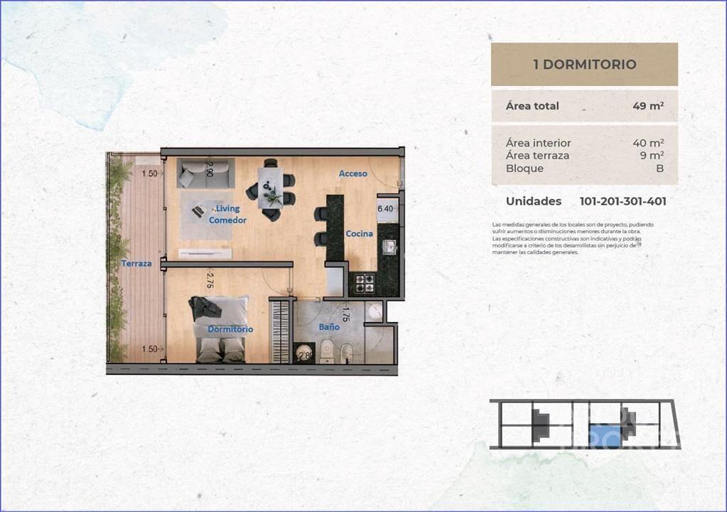 Apartamento de un dormitorio en venta en Pocitos - 201B
