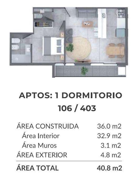 Venta apartamento de un dormitorio y terraza. Punta Carret