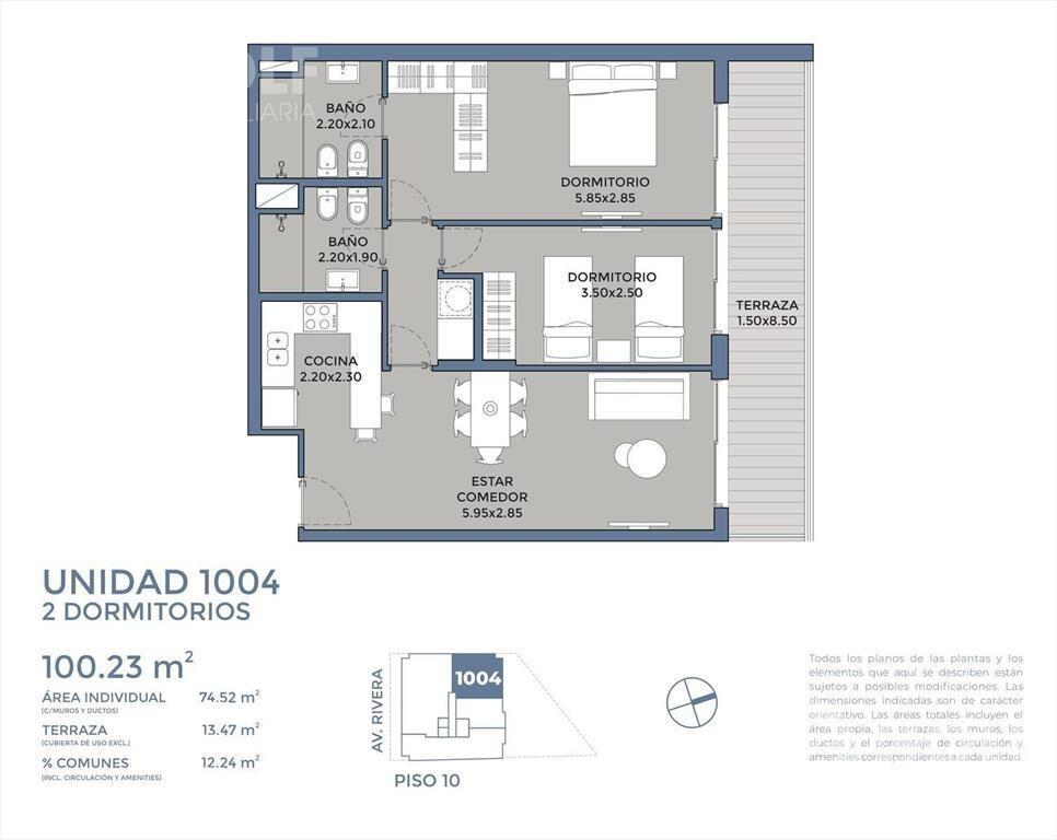 Venta de penthouse de 2 dormitorios con terraza en Pocitos
