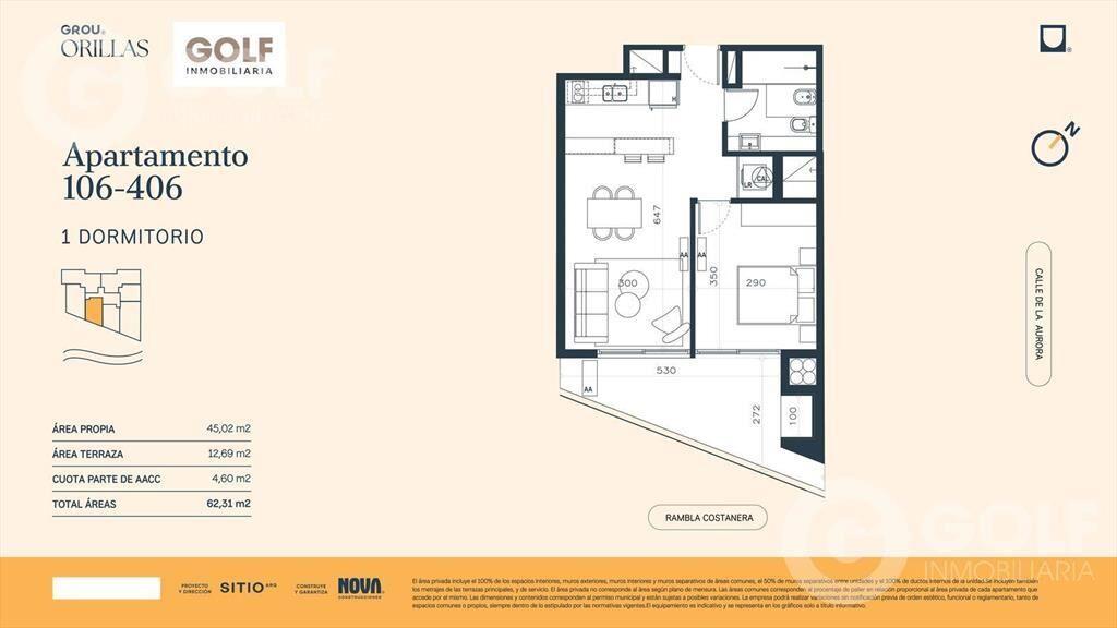 Venta de apartamento de 1 dormitorio con terraza y parrille