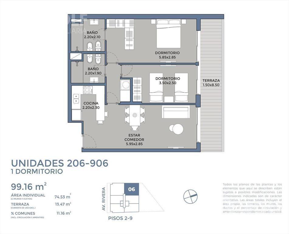 Venta de apartamento de 2 dormitorios en Pocitos
