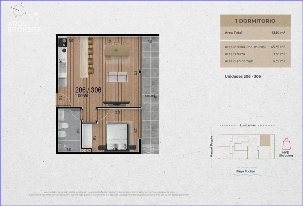 Apartamento de un dormitorio en venta en Pocitos - 306
