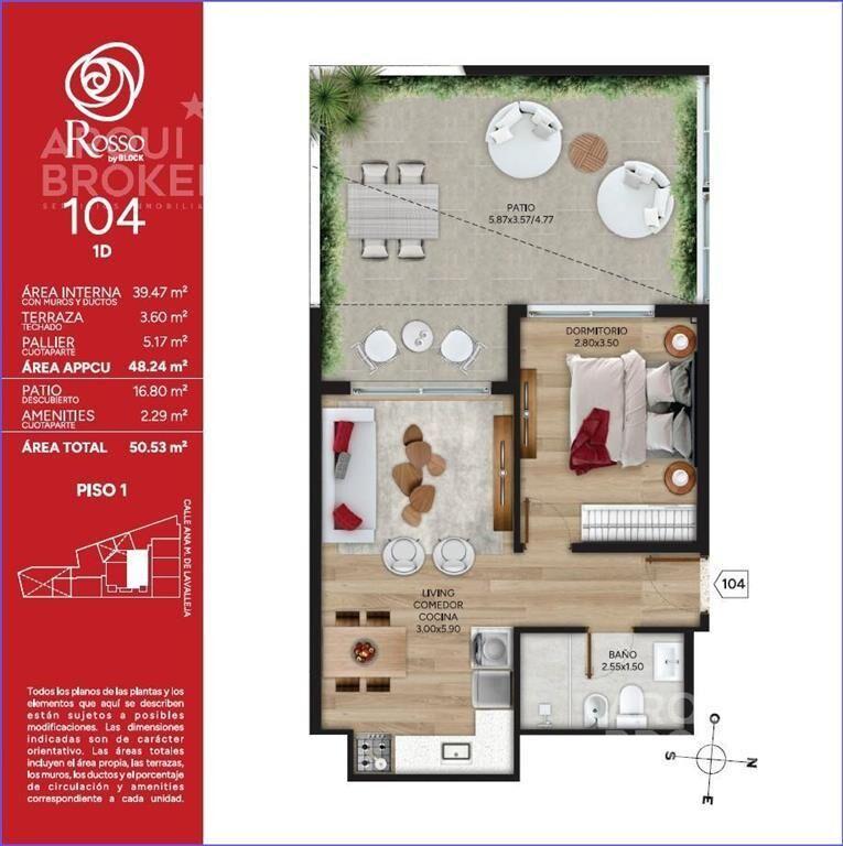 Apartamento de un dormitorio con patio en venta en Cordón -
