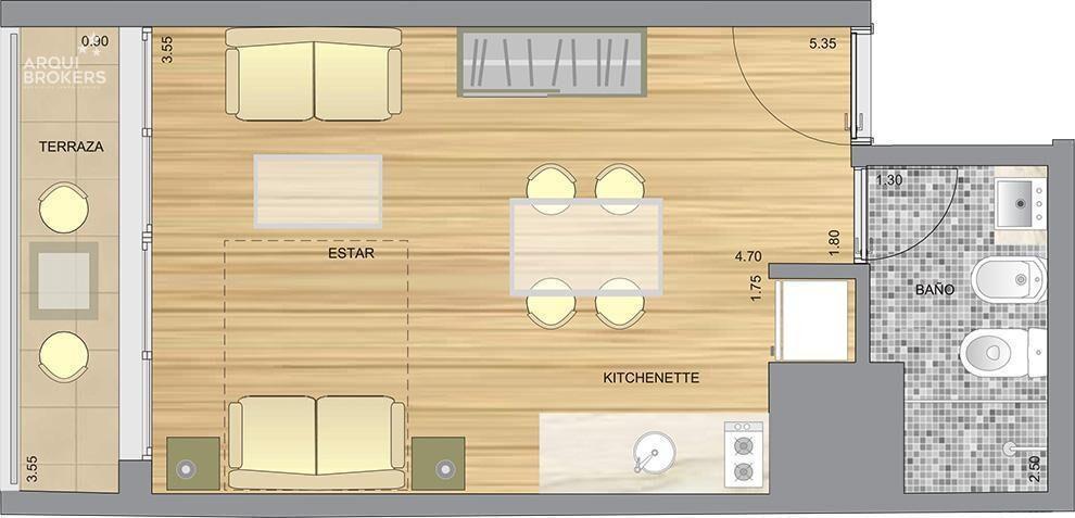 Venta apartamento Monoambiente en Pocitos c/ terraza y gara