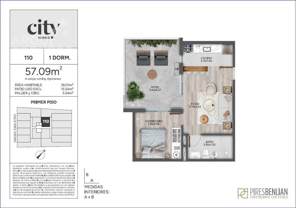 Apartamento de un dormitorio con patio en venta en Cordón -