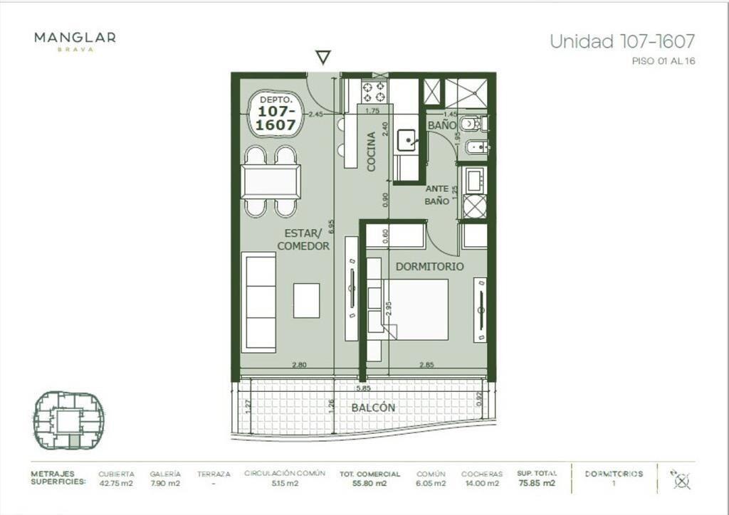 Apartamento de 1 dormitorio en venta, Playa Brava Punta del