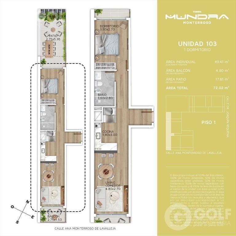 Venta apartamento 1 dormitorio con patio y terraza en Cordó