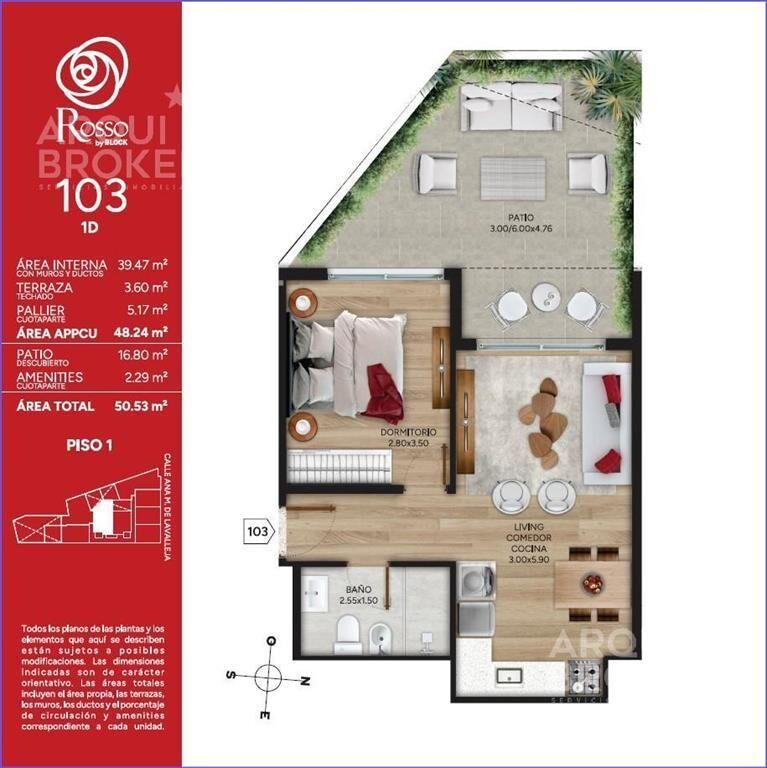 Apartamento de un dormitorio con patio en venta en Cordón -