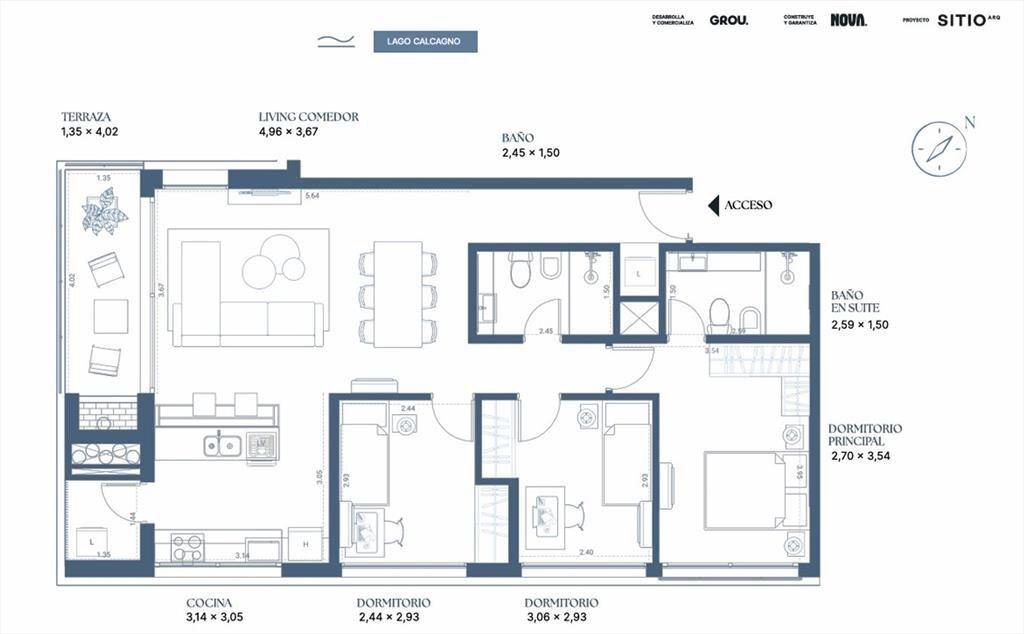 Venta apto 3 dorm, Lago Calcagno