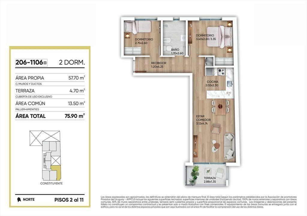 VENTA APARTAMENTO 2 DORMITORIOS EN CORDON
