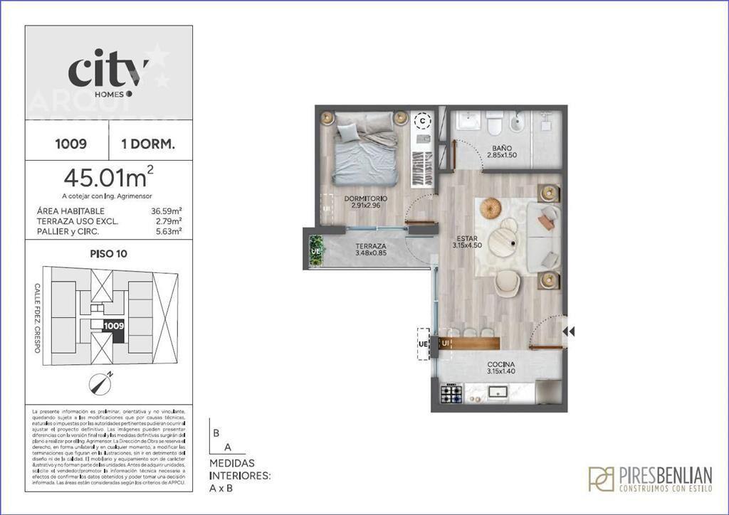 Apartamento de un dormitorio en venta en Cordón - 1009