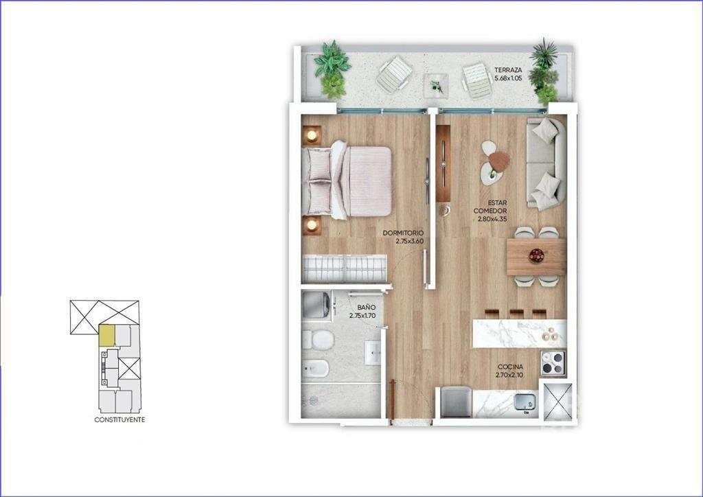 Alquiler de apartamento un dormitorio en Cordón con terraza