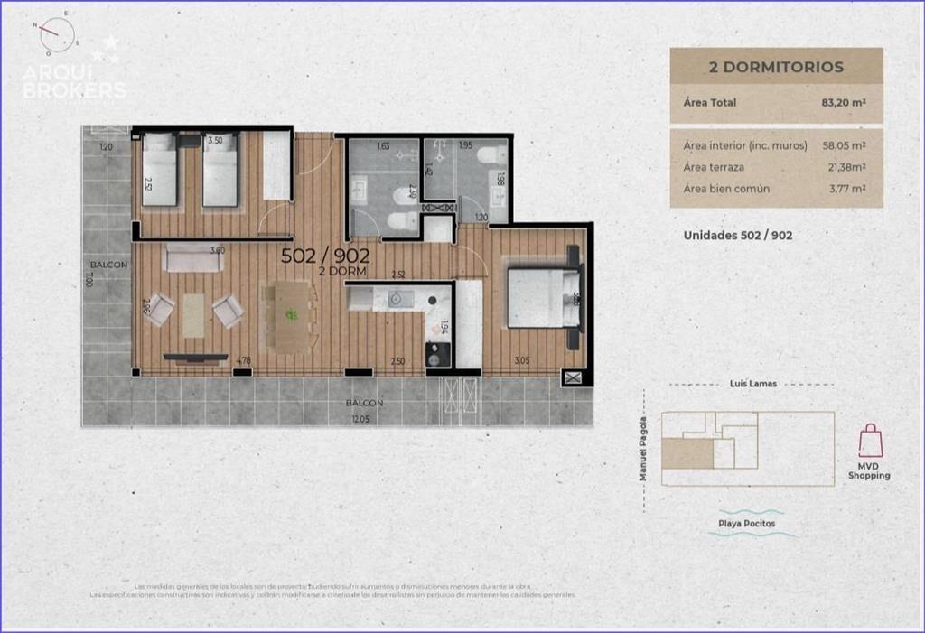 Apartamento de dos dormitorios en venta en Pocitos - 802