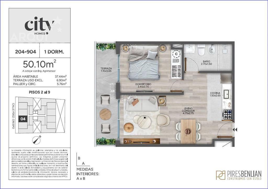 Apartamento de un dormitorio con patio en venta en Cordón -