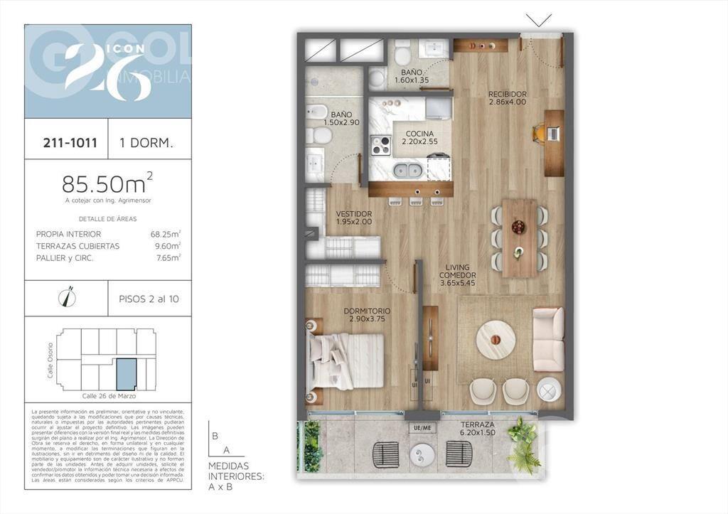 Venta de apartamento 1 dormitorio con terraza en Pocitos