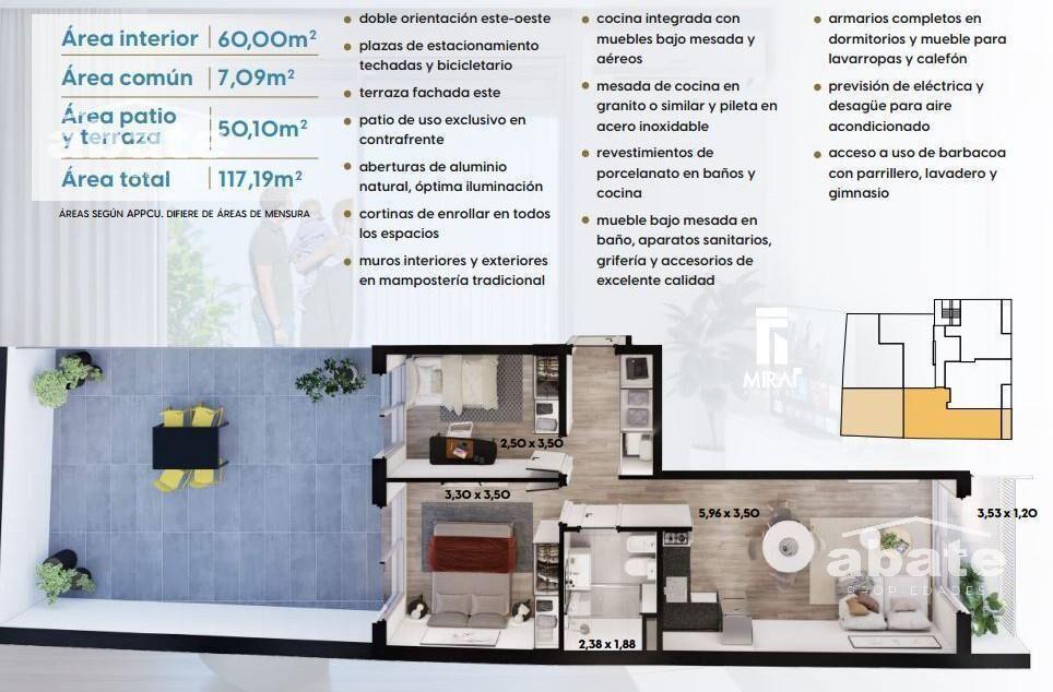 Venta apartamento 1 dormitorio GRAN PATIO PRIVADO en Cord