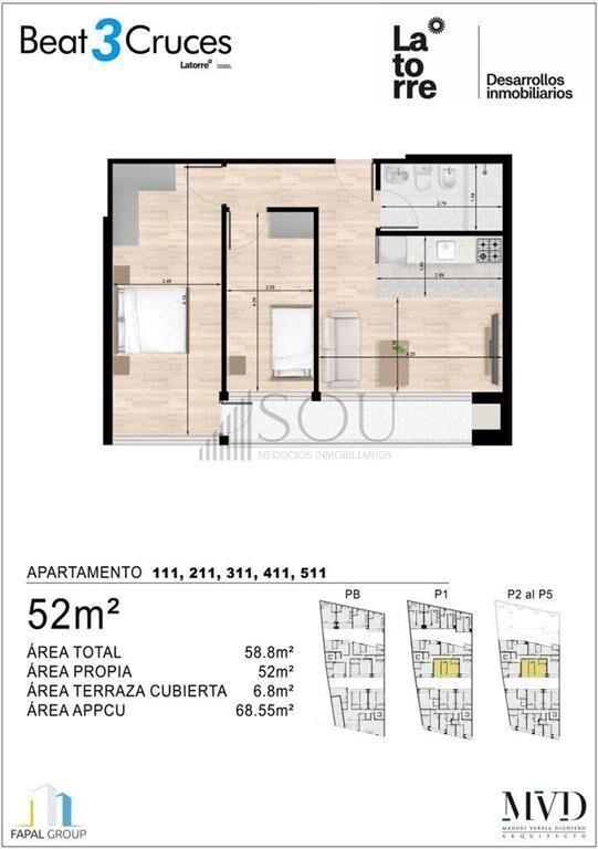 VENTA APARTAMENTO 2 DORMITORIOS EN TRES CRUCES