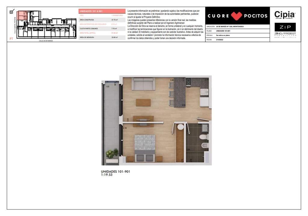 Venta de apartamento de 1 dormitorio al frente con terraza,