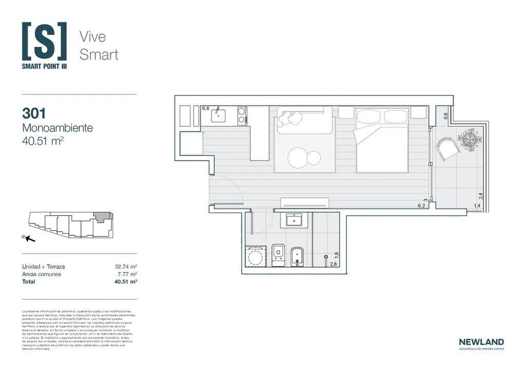Venta de monoambiente con terraza en Smart Point III, Tres C