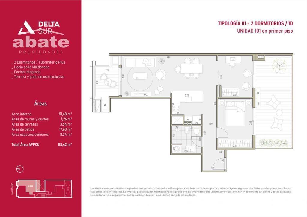 Venta apartamento dos dormitorios en Barrio Sur Patio y ter