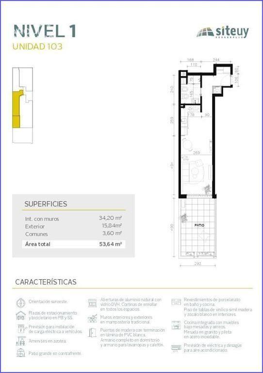 Apartamento monoambiente con patio en venta en Cordón Sur -