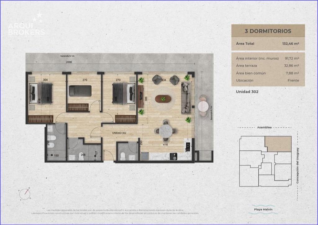 Apartamento de tres dormitorios en venta en Malvín - 302