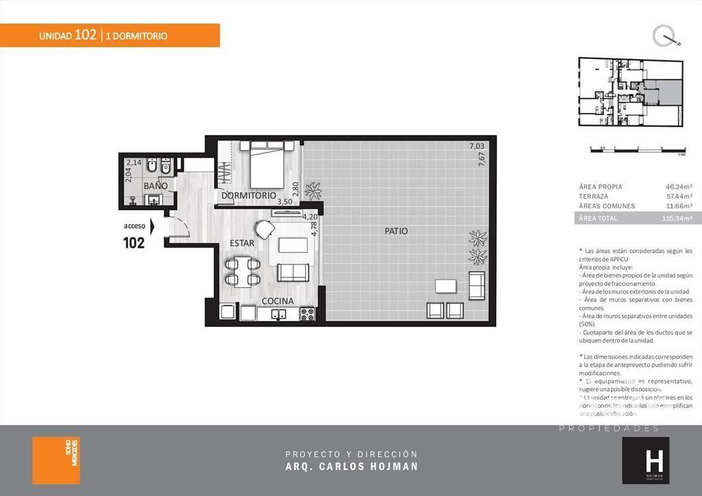 Venta apartamento 1 dormitorio con patio en Cordón