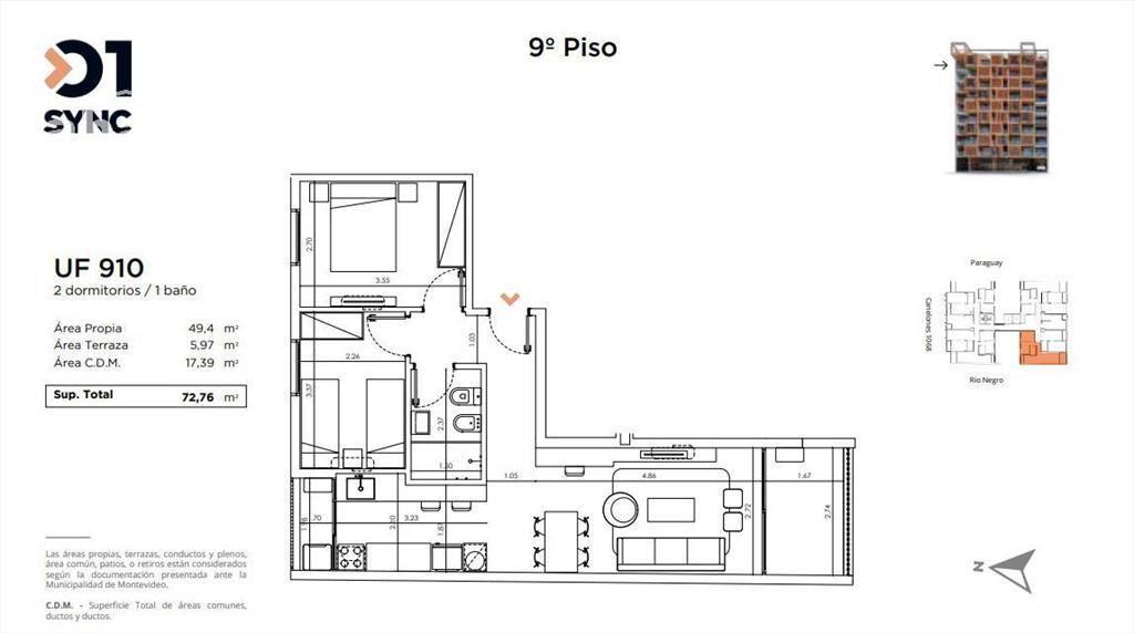 Apartamento en venta 2 dormitorios con terraza - Barrio Sur