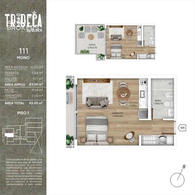 Apartamento monoambiente con patio en venta en Cordón Sur -