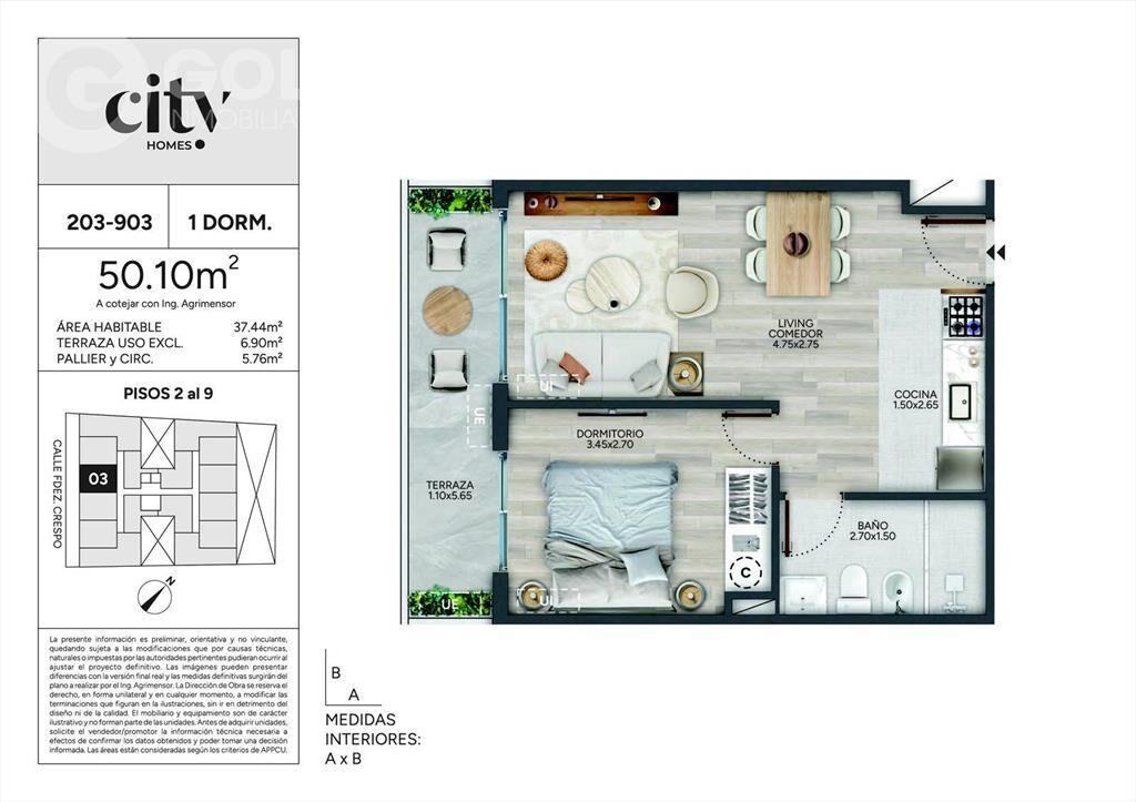 Venta de apartamento de 1 dormitorio con terraza en Cordón