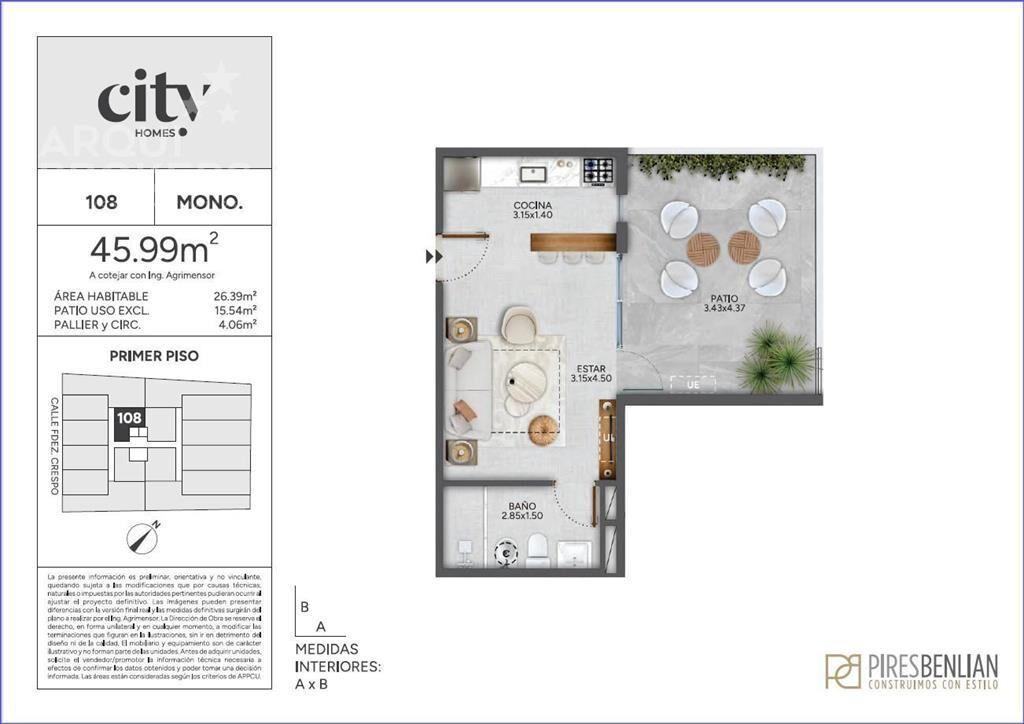 Apartamento de un dormitorio con patio en venta en Cordón -