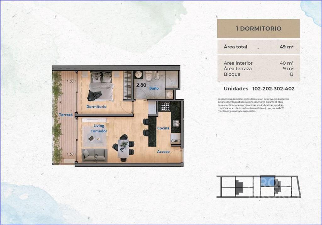 Apartamento de un dormitorio en venta en Pocitos - 102B